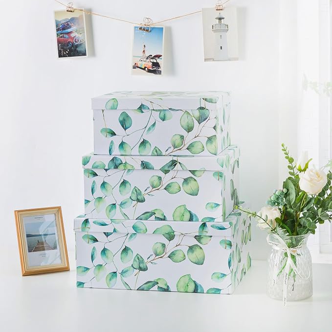 Soul & Lane - Eucalyptus Decorative Storage Boxes with Lids, Set of 3 | Large Nesting Cardboard Keepsake Boxes for Memories, Photos and Gifts, Pretty Leaves Print Containers for Home Decor - Image 2