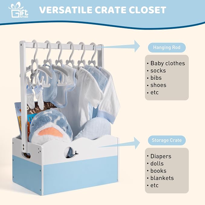 GiftAmaz Blue Wooden Baby Shower Crate Closet, Baby Storage Crate with Handle, Baby Shower Gifts Basket, Baby Welcome Box for Newborn Boys, Pregnancy Gifts for New Parents - Image 4