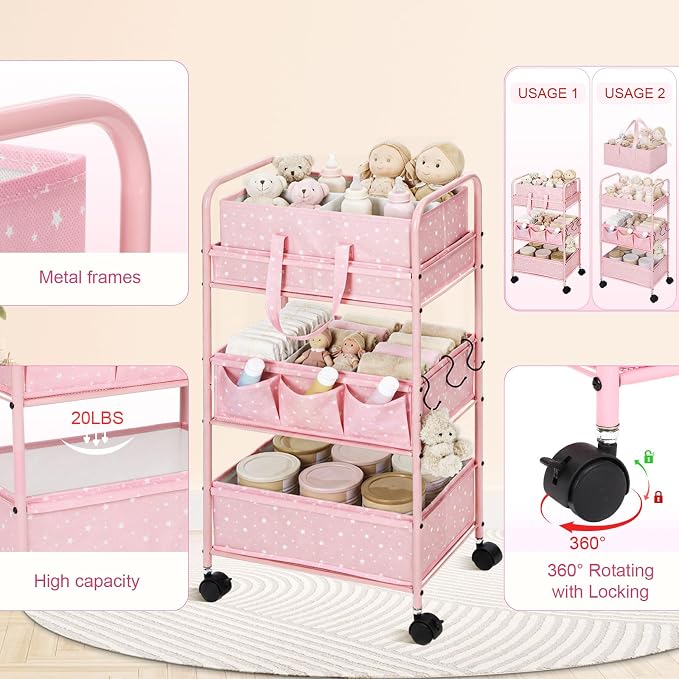 Yookeer 2in1 Baby Diaper Caddy Organizer Cart 3 Tier Large Capacity Metal Utility Bedside Rolling Cart with Divider Newborn Registry Gift Nursery Essential Must Have Bedroom Baby Shower(Pink,Star) - Image 3