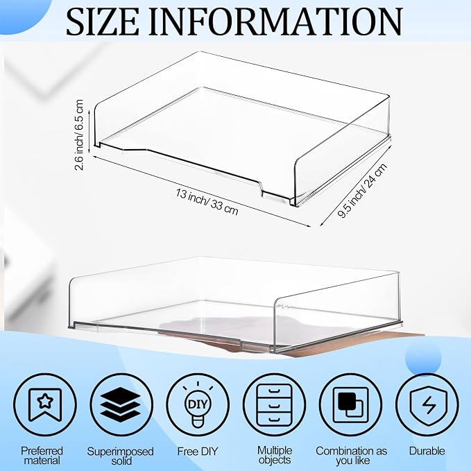 DoubleFill 2 Pcs Stackable Letter Tray Plastic Paper Tray, Clear | 13 x 9.5 x 2.6 In, Rectangular, Paper Holder, File Tray for Desktop Office Desk Drawers - Image 2