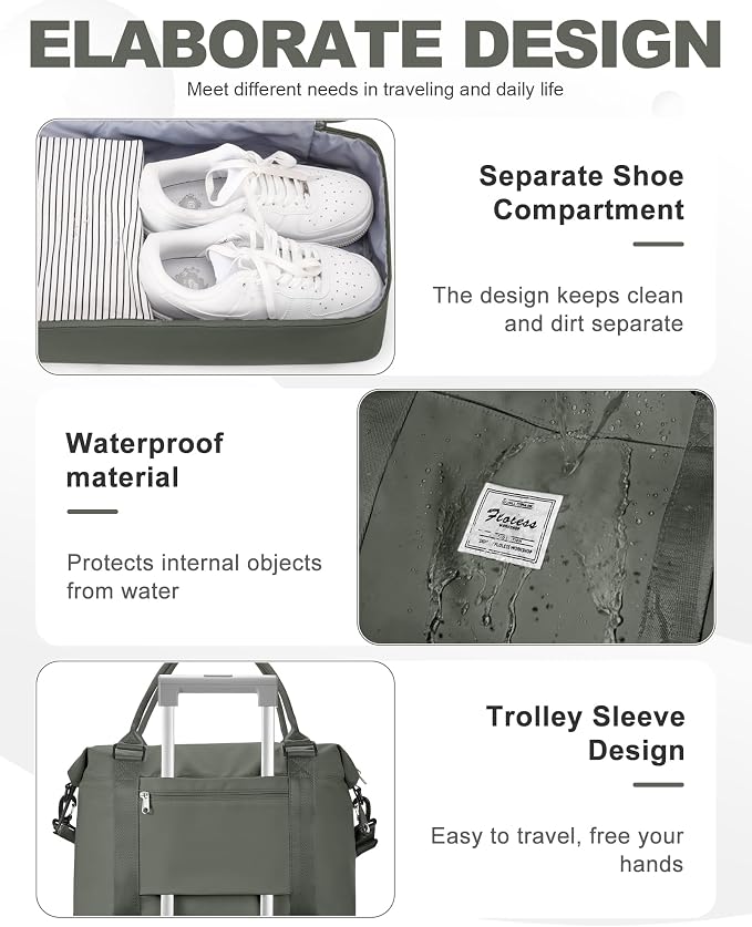 Travel Duffel Weekender Bag Women Tote Carry On Bags With Shoe Compartment | 18x14x8 inches Travel Overnight Bags with Trolley Sleeve for Airplanes Sport Tote Gym for Men Lightweight Daypack Green - Image 5