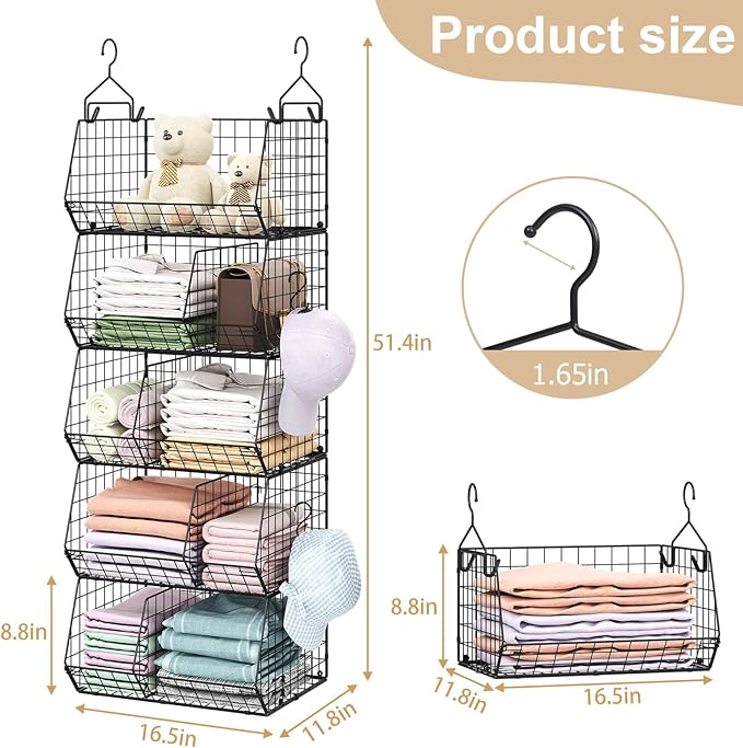 5 Tier Extra Large Closet Hanging Organizer with 5 Dividers,16.5"L x 11.8"W x 51.4"H Closet Organizers and Storage with 5 S Hooks,Clothes Organizer for Sweaters Clutches Handbags Hats Accessories - Image 3