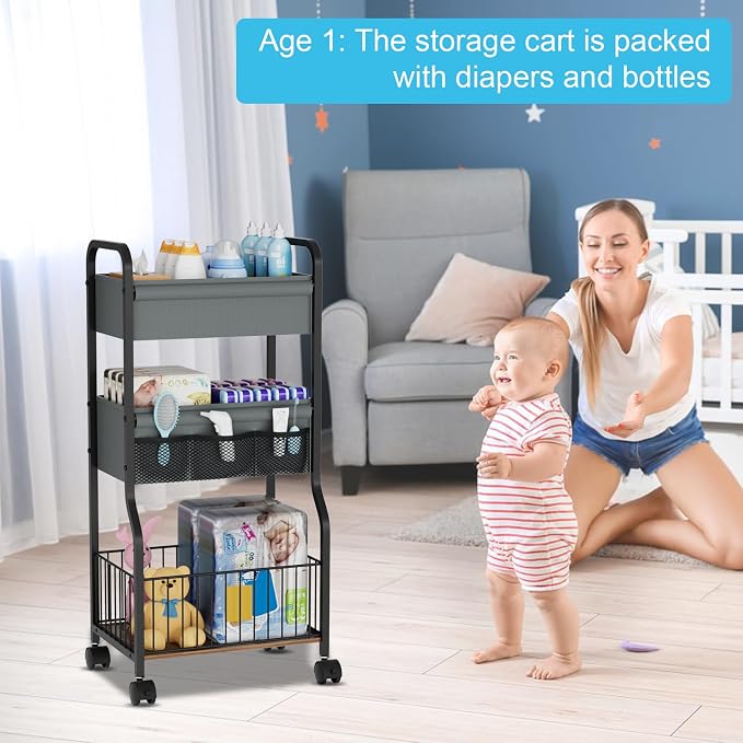 3-tier Baby Diaper Caddy Organizer and Storage Cart with 4+3 Dividers, Metal Utility Cart with Lockable Wheels for Nursery, Bedroom, Bathroom, Black - Image 3