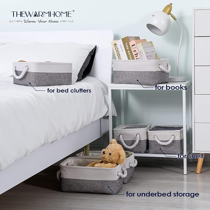 Small Storage Baskets for Organizing,Storage Baskets for Shelves,Small Fabric Storage Bins W/Handles For Closet Nursery Toy Decorative Foldable (White&Grey, 11.8L*7.9W*5.2H-6 Pack) - Image 6