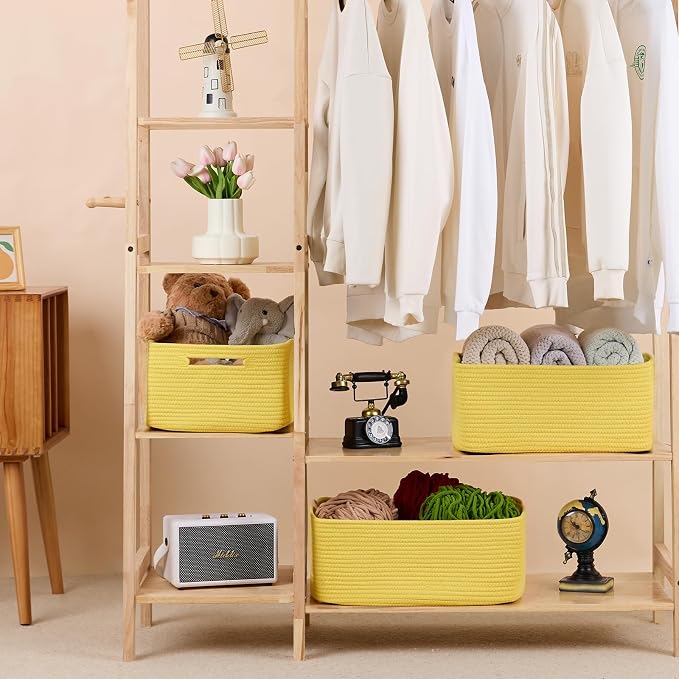 MiniArk Large Storage Baskets for Shelves, 17 x 13 x 7.5” Closet Organizers Bins for Clothes Blanket Towels, Baby Nursery, Toy Baskets Box, Woven Rope Baskets, 2 Packs Yellow - Image 3