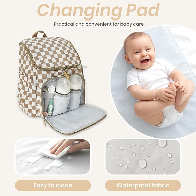 FHELAD Checkered Diaper Bag Backpack with Changing Pad & Stroller Clips | Baby Diaper Bag, Baby Shower Gifts, 4 Insulated Bottle Holders, Wet Wipe Pocket, Luggage Strap - Image 7