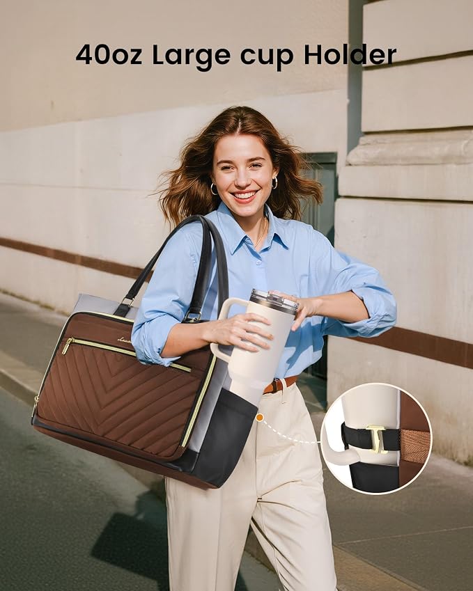 LOVEVOOK 17 Inch Laptop Tote Bag for Women, Work Bag for Nurse with Large Cup Holder, Nurse Diaper Bag for Travel, Computer Women's handbags for Teacher gift, Brown-gray-black - Image 3