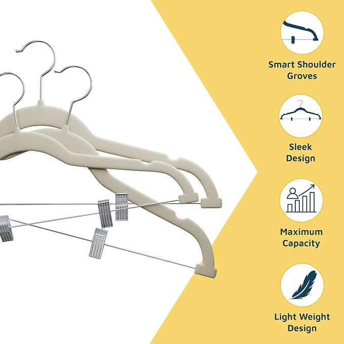 Lifemaster Velvet Skirt Hangers – with Adjustable Clips, 360 Degree Swivel Hook, and Non-Slip Shoulder Notch, Holds Up to 10 lbs, for Organizing Skirt, Pants, Dress, and Clothes, Pack of 20, Ivory - Image 5
