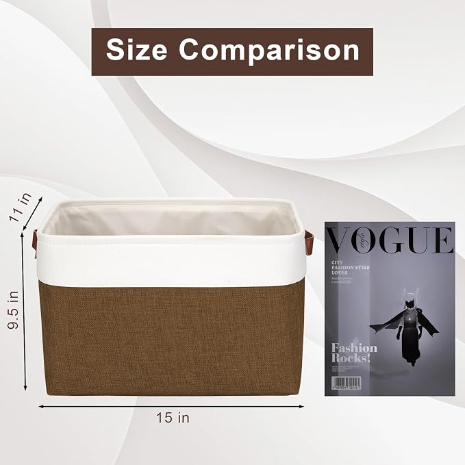 Storage Bins Large Fabric Storage Baskets for Shelves 3 Pack, Decorative Linen Closet Baskets with Handles for Organizing, Shelf, Clothes, Home, Office, 15x11x9.5Inches (Brown&White) - Image 3
