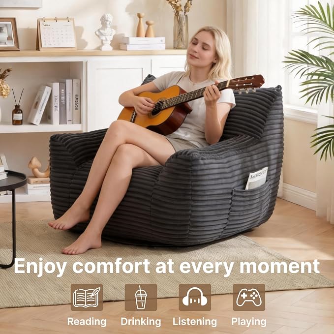Bean Bag Chair for Adults & Kids, Giant Bean Bag Sofa with Side Pocket, Corduroy Beanbag Chair with Armrests, Comfy Stuffed Floor Sofa for Living Room Bedroom Dorm, Gray - Image 3