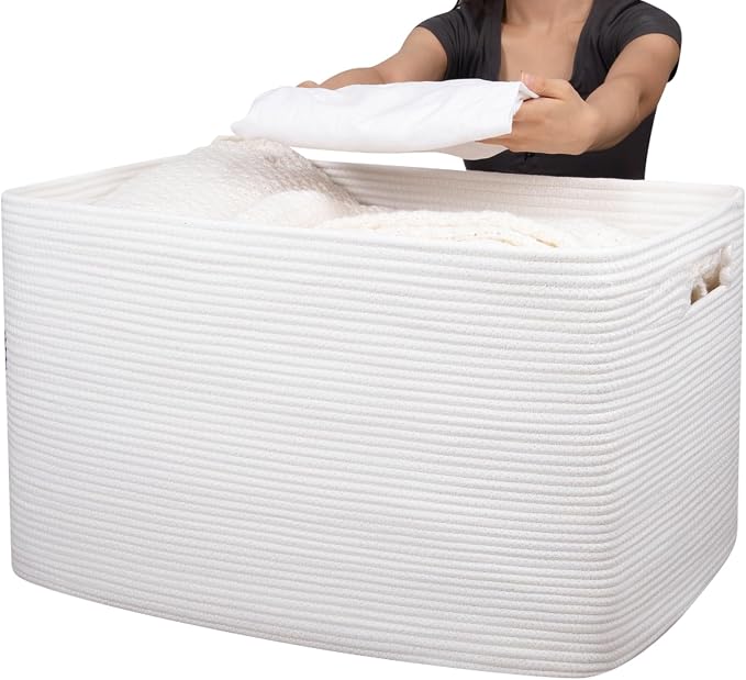 OIAHOMY 118L XXXLarge Cotton Rope Storage Basket, Oversized Blanket Basket, Used for Organizing Dirty Clothes in Living Room, Bedroom, Nursery, Dog Toy Storage Bins, 25" x 17" x 16",White by MasterofSpaceOptimization