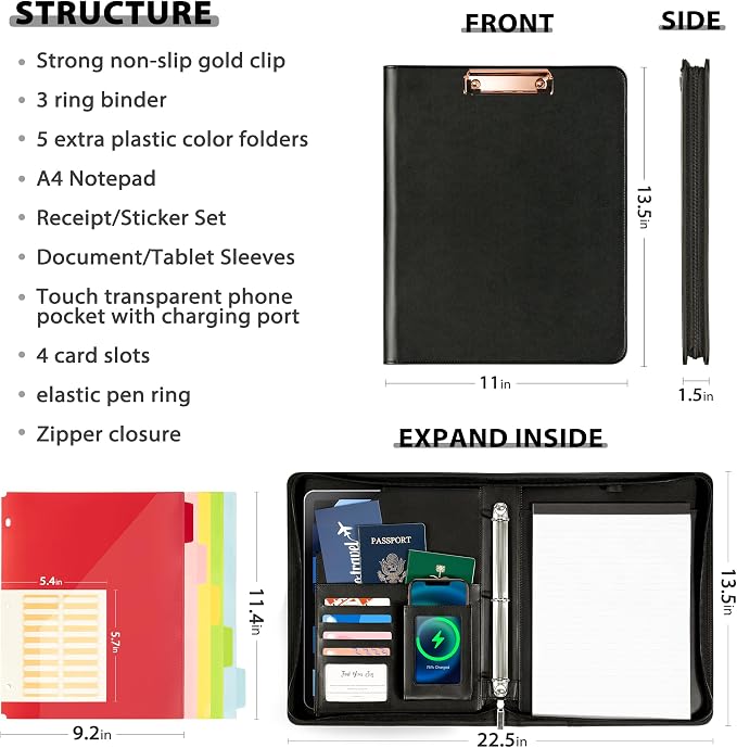 Ospelelf Leather Clipboard with Storage, Zippered Padfolio Portfolio Organizer, 3 Ring Binder 1 Inch, Notepad, Tablet Sleeve, 5 Dividers with Pocket for Office, Nurses, Students, Teachers Black - Image 2