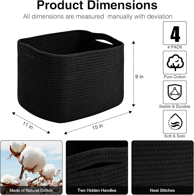 ICERZCZ Woven Cotton Rope Storage Baskets for Organizing & Shelves, Organization Bins for Dog Toys, Clothes, Books, Nursery Organizer, 15"x11"x9", Black (4 Packs) - Image 2