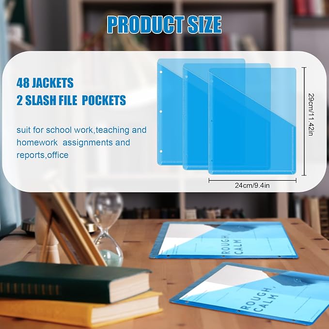 Seajan 48 Pcs Binder Pocket Folders, Clear 3 Ring Binder, Blue | Plastic Folders Sleeves with 2 Pockets, Poly Slash File Jackets, 3 Hole Punched Dividers for School, Office, Documents - Image 2
