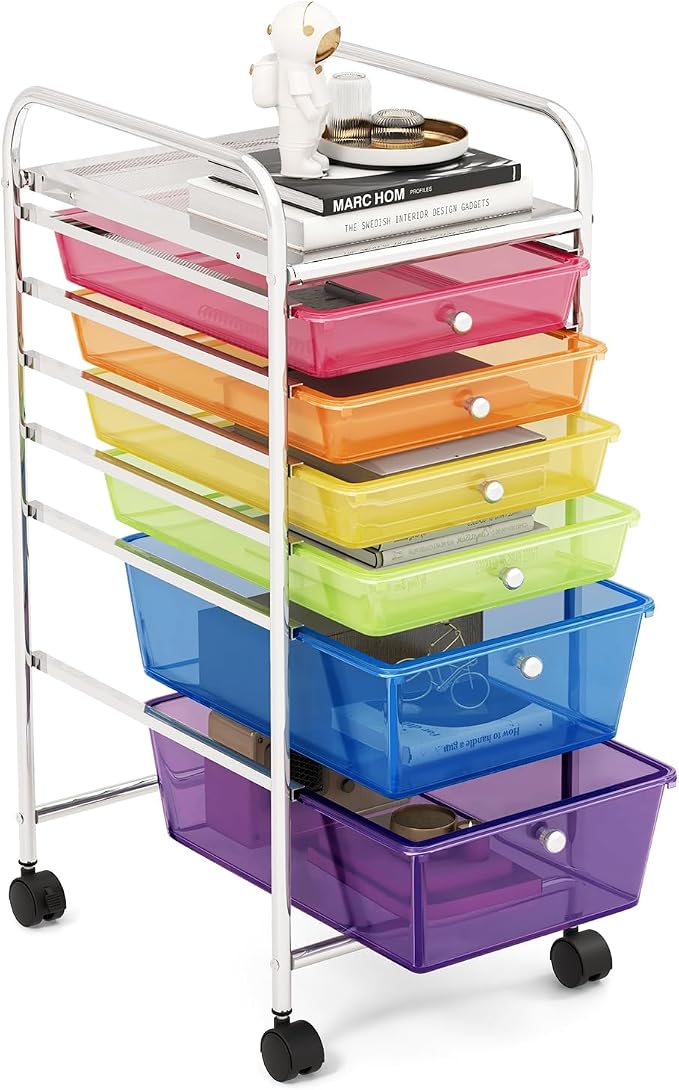 GOFLAME 6-Drawer Rolling Storage Cart, Multifunctional Art Craft Organizer Cart, Mobile Utility Storage Cart with Removable Drawers & Lockable Wheels, Craft Cart for Home Office, Rainbow by GOFLAME