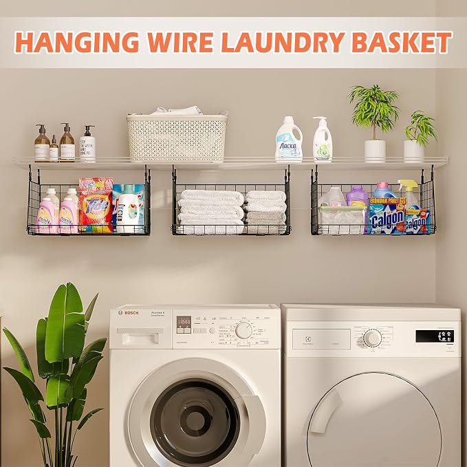 3-Pack Hanging Laundry Room Organizaton：Foldable Laundry Basket Wire Basket with 360°Rotating Hooks Small Space Organization Over Washer and Dryer Shelves - Hanging Closet Organizer, Black Patent - Image 7