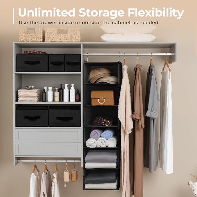 GRANNY SAYS Hanging Closet Organizer, 5 Drawers, 6 Shelves, 6 Pockets | Hanging Closet Organizer with 5 Different Drawer Designs, 6 Shelves & Reinforced Structure for Organized Small Spaces, Black - Image 6