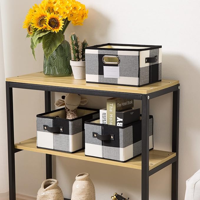 Fodable Storage Bins for Closet [3-pack] Decorative Fabric Storage Baskets Cubes with Leather/Metal Handles for Shelves Bedroom Living Room Black and White Grid (11.5x8.5x6.7 Inch) - Image 2