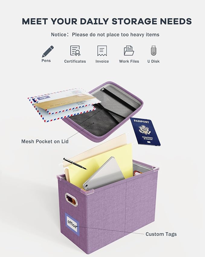 File Organizer with Lid, Hanging Filing Box with Mesh Pocket, Document Organizer for Letter Files, Portable Storage Box for Office & Home (1 PCS, Taro Purple) - Image 4