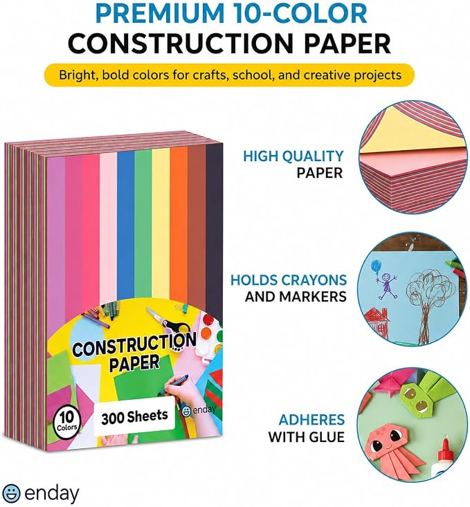 Construction Paper Assorted Colors, 10 Bright Colors, 9”x12” Bulk Craft Paper, Standard Weight Construction Paper, Color Paper for Kids Arts & Crafts and School Projects, by Enday (300 Sheets) - Image 3