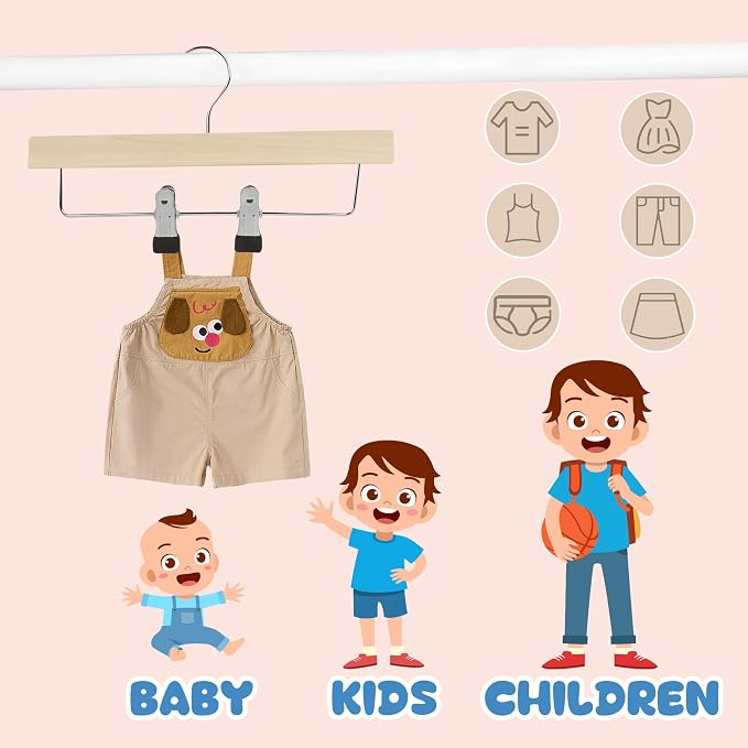 Kids Wooden Pants Hangers for Toddler & Baby Clothes, Natural, 12-Pack | Solid Wood Skirts Hangers with Adjustable Anti-Wrinkle Clips for Children's Trousers, Slacks, Jeans, 12" - Image 5