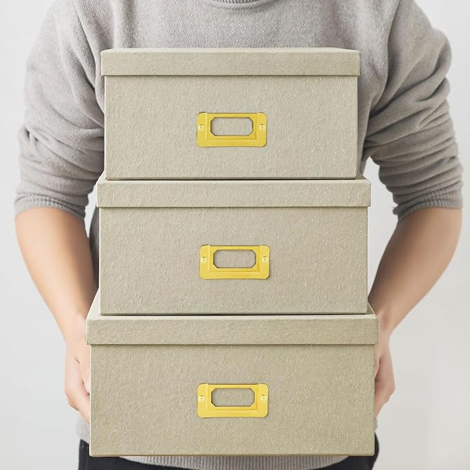 Soul & Lane - Light Gray Decorative Storage Boxes with Lids, Set of 3 | Square Stacking Kraft Photo Storage with Gold Label Holders, Nesting Cardboard Memory Boxes for Home Decor and Organizing - Image 2