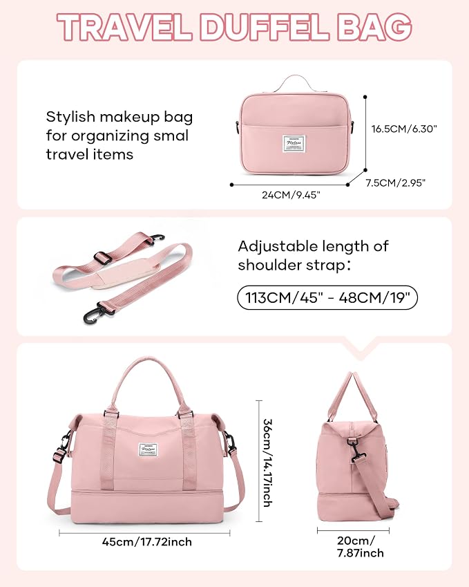 Travel Duffel Weekender Bag Women Tote Carry On Bags With Shoe Compartment | 18x14x8 inches Travel Overnight Bags with Trolley Sleeve for Airplanes Waterproof Sport Tote Gym with Toiletry Bag Pink - Image 3