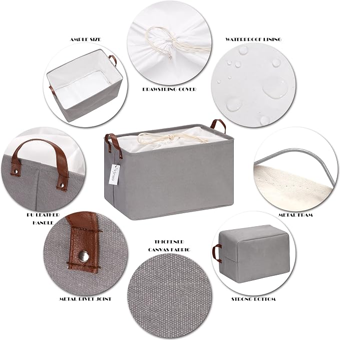 Hinwo 31L Large Canvas Storage Bin with Lid and Handles | Collapsible Fabric Basket, Closet Shelf Organizer, Container for Clothing, Blankets, Toys, Bedding (Gray) - Image 4