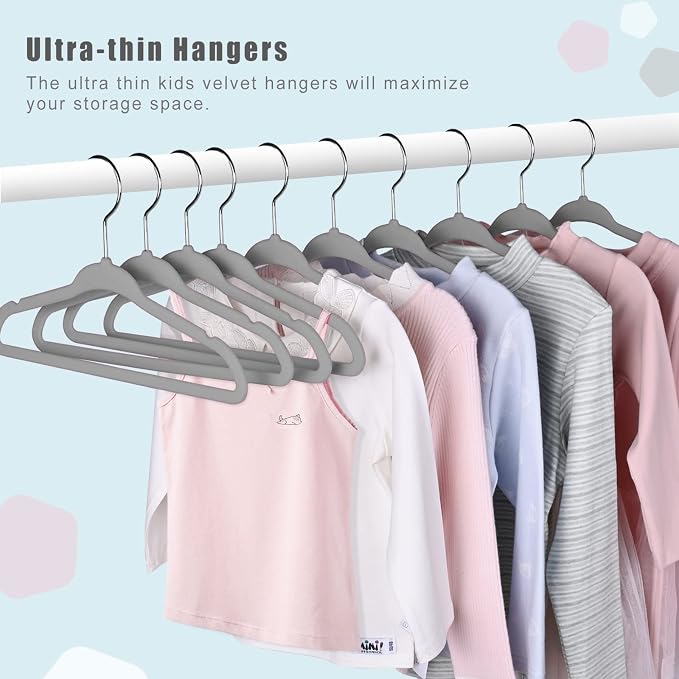 BAGAIL 50 Pack Kids Velvet Hangers 14 Inches Children's Clothes Hangers Non-Slip Baby Hangers for Infant/Toddler (Grey) - Image 5
