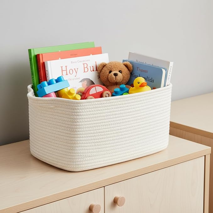 R RUNKA Cotton Rope Basket Set of 3 (15"x10.2"x9.1") - Rectangle Storage Bins - Versatile Toy Storage Organizer - Perfect for Kids, Dog Toys, Books, Shelves - White - Image 7