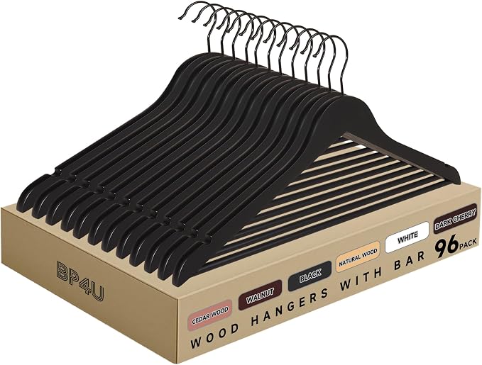 Wooden Clothes Hangers with Pants Bars, Black, 96-Pack | Heavy Duty Solid Wood Suit & Coat Hangers with Swivel Hook & Shoulder Notches, for Shirts, Jackets, Dresses & Trousers by BP4U%E2%84%A2