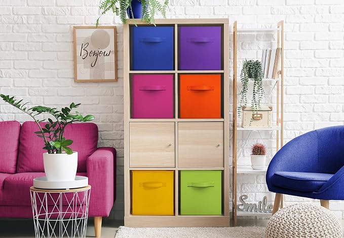 Sorbus 11 Inch Fabric Storage Cubes - Sturdy Collapsible Bins With Handle - 6 Foldable Baskets for Organizing Clothes, Toys, Books - Multi Colored Storage Baskets for Shelves, Kids Room, Closets - Image 4