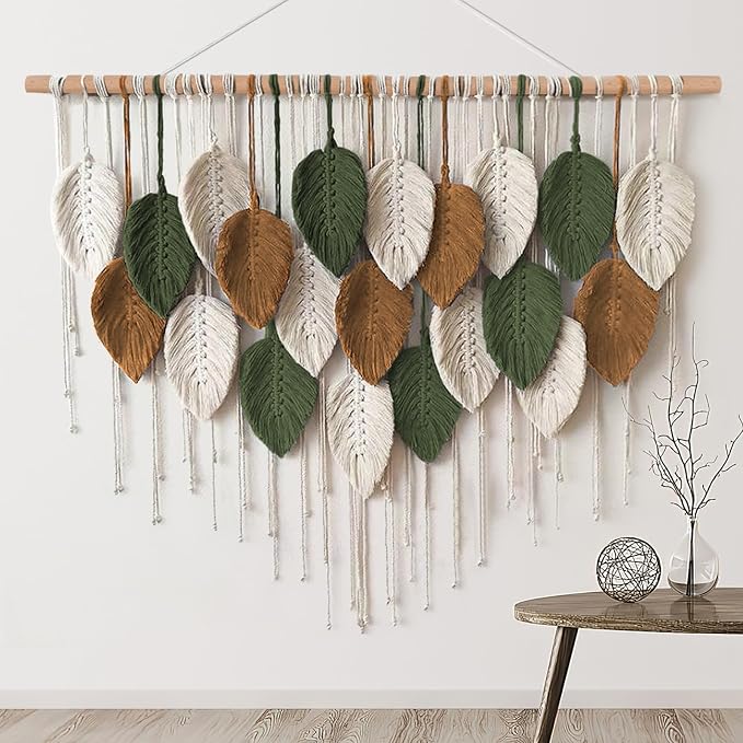 Large Macrame Wall Hanging Boho Woven Tapestry Chic Home Decor Wall Art | KHOYIME Modern Bohemian Handmade Leaf Feather Decoration for Apartment Dorm Living Room Bedroom Nursery Backdrop 39"W X29.5"L by KHOYIME