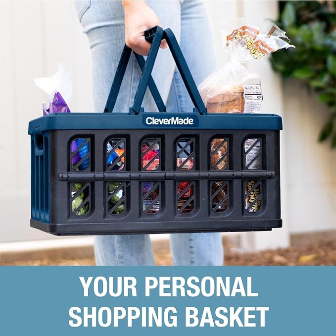 CleverMade Eco Collapsible Shopping Basket with Handles, 24L Stone, 3 Pack | Keep Groceries Upright in the Car | Rigid Walls Carry 25 lb Each, Stack Securely, and Fold to 2.25 Inches for Storage - Image 7