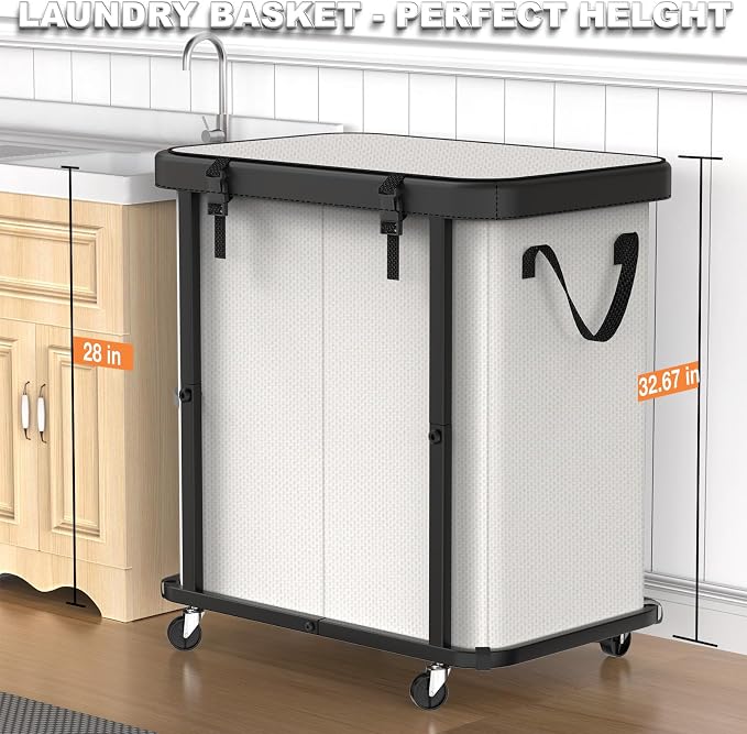 Laundry Basket with Wheels,190L (50 Gal) Laundry Hamper 2 Setion - Beige | Leather Patchwork,Sturdy Metal Frame, Removable Washable Bag, Tall Clothes Sorter for Bedroom, Laundry Room - Image 4