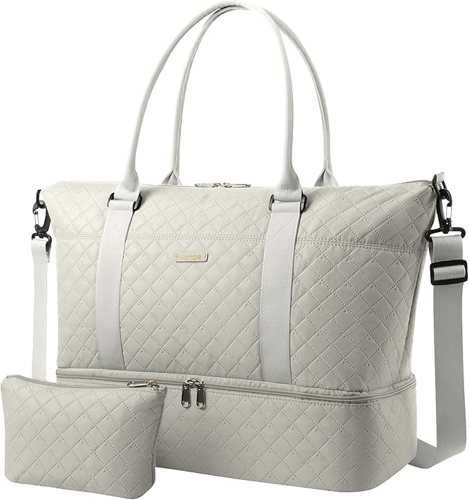 HOTOR Travel Duffel Bag - Weekender Bags for Women, Carry On Gym Tote Bags | with Toiletry Bag & Shoe Compartment, Overnight Bag for Travel Essentials and Travel Accessories, Beige, 15.8"×18.1"×8.7" by HOTOR