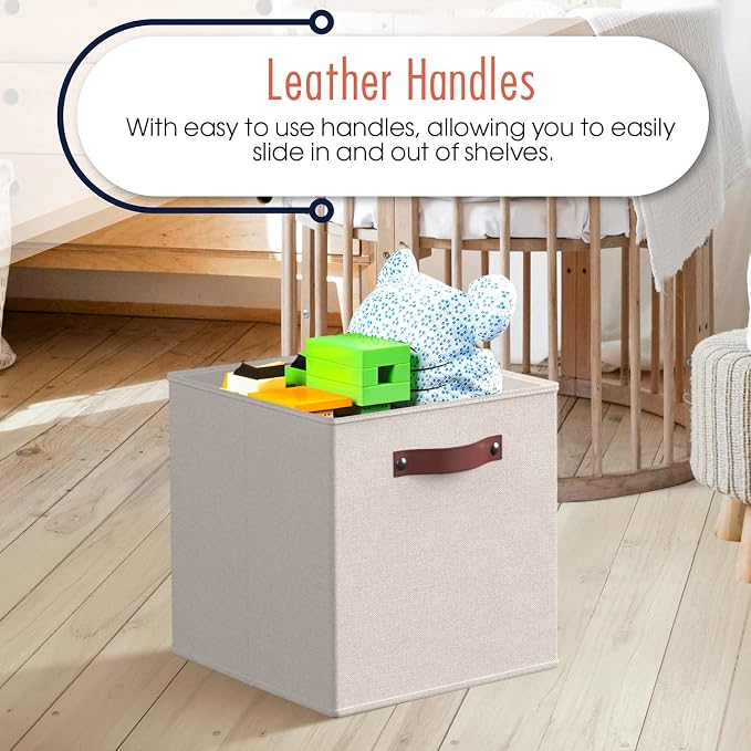 Ornavo Home 11x11 Foldable Fabric Storage Cube Bins, 6 Pack, Beige | Collapsible Linen Shelf Basket Organizer; Leather Handles; Ideal Cube Storage For Closet - Image 5