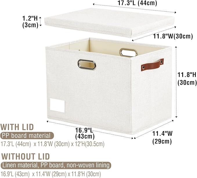 17" Large Fabric Storage Box with Lids, 3-Pack, White | Stackable, Foldable, 2 PU Handles and 2 Metal Handles, Decorative Fabric, For Home, Bedroom, Closet, Office, Nursery - Image 7