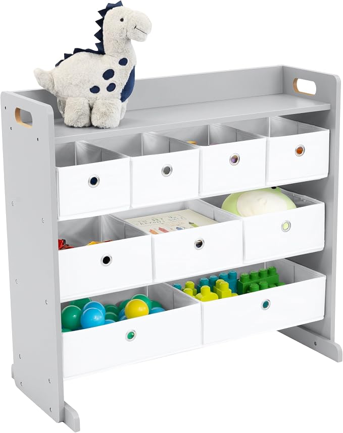 Humble Crew Kids Toy Organizer with 9 Fabric Bins, 3 Tier Storage Shelf | Sturdy wood and steel toddler frame, collapsible containers, wall anchor anti-tip safety kit for playroom, bedroom, classroom - Image 3