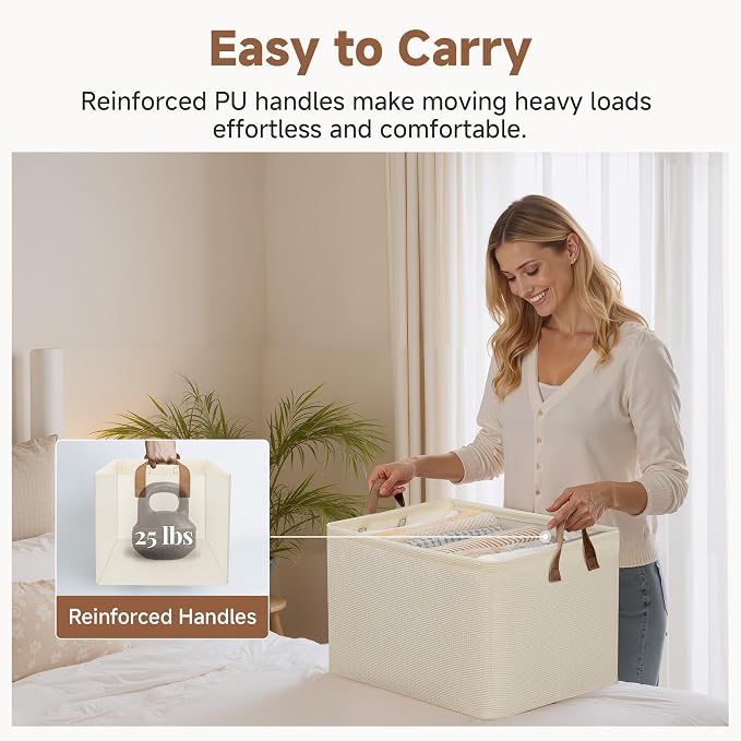 StorageWorks 45L Closet Storage Bins, Storage Baskets, Beige, 2-Pack | Extra Large, With Reinforced PU Handles, Metal Frame, Collapsible, for Shelves, Closet, Holds Clothes, Towels, Blankets - Image 5