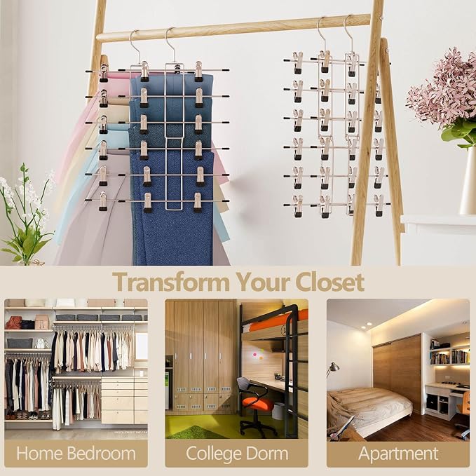 Pants Hangers with Clips,Space Saving Hanging Closet Organizer-6 Tiers Skirt Hangers with 360° Swivel Hook,Closet Organizer-Clothes Hangers- College Dorm Essentials Apartment Essentials- 4 Pack - Image 5