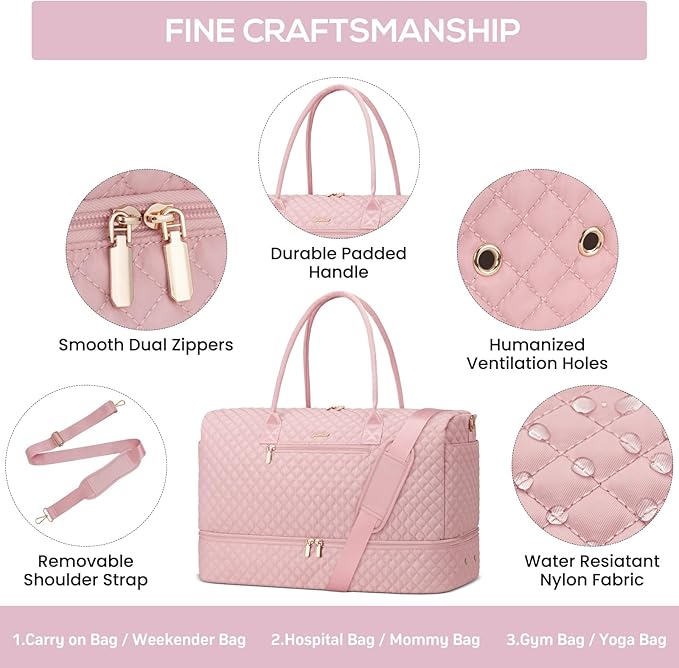 Travel Weekender Bags for Women - Large Duffle Bag with Shoe Compartment Carry On Overnight Bag with Toiletry Bag Pink Duffel Bags with Wet Pocket for Gym Hospital Bags for Labor and Delivery - Image 6