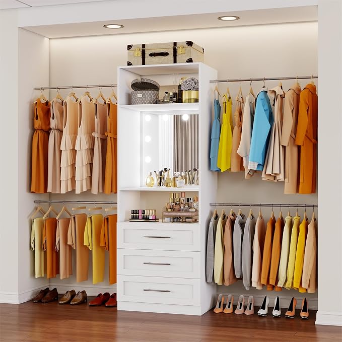 Fastgo Closet System with Drawers, 2FT-9.8FT Hanging Closet Organizer System with 4 Expandable Hanging Rods&Adjustable Shelves, Modular Closet Systems with Light & Mirror, White by fastgo