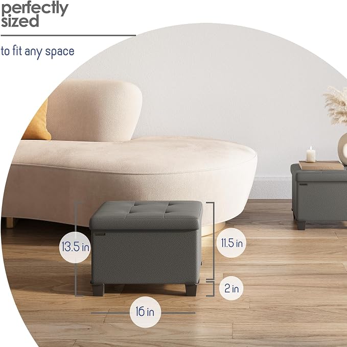 Storage Ottoman Cube with Small Bin, 16-in Square Ottoman with Storage for Living Room and Bedroom, Small Ottomans Foot Rest, Leather Foot Stools Ottomans Max 330lbs, Grey - Image 8