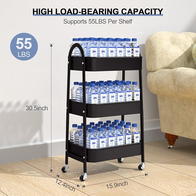 3 Tier Utility Rolling Cart, Metal Storage Cart with Handle and Lockable Wheels, Multifunctional Storage Organizer Trolley with Mesh Baskets for Kitchen, Living Room, Office, Garage (Black) - Image 6