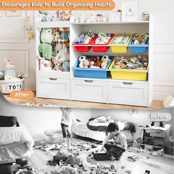 50.6" W x 41.3" H Wooden Toy Storage Organizer Cabinet | 140L Stuffed Animal Storage, 6 Plastic Bins & 3 Rolling Drawers, Color Storage Bins for Playroom Nursery Home Decor, White - Image 6