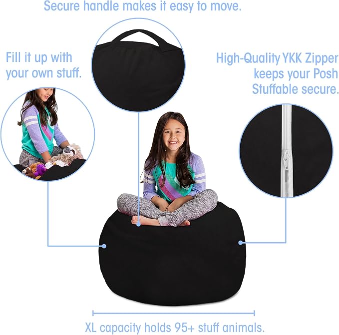 Posh Creations Stuffable Kids Stuffed Animal Storage Bean Bag Chair Cover - Childrens Toy Organizer, Large 38" - Soft Faux Rabbit Fur Black - Image 2