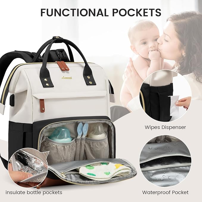 LOVEVOOK Diaper Bag Backpack, Baby Bag with Changing Station, Large Diaper Backpack for Mom Dads, Waterproof Mommy Bag for Boy and Girl, Travel Essential Baby Shower, Black-Beige - Image 3