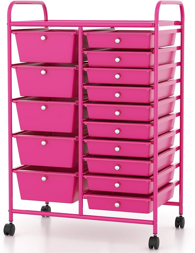 COSTWAY 15 Drawer Rolling Storage Cart, Mobile Storage Organizer | Removable Drawers & Metal Frame, Multipurpose Utility Tools Paper Organizer on Wheels for Home, Office (Hot Pink) by COSTWAY