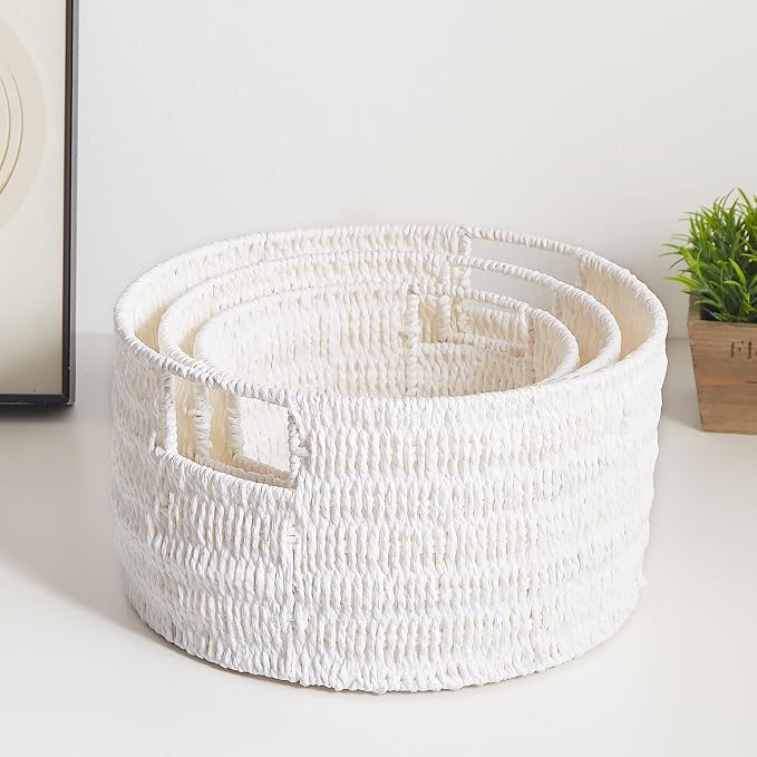 Wicker Storage Basket, Hand-Woven Paper Rope Large Round Woven Basket With Handles, Wicker Baskets for Organizing/Storage, White, 3-Pack - Image 5